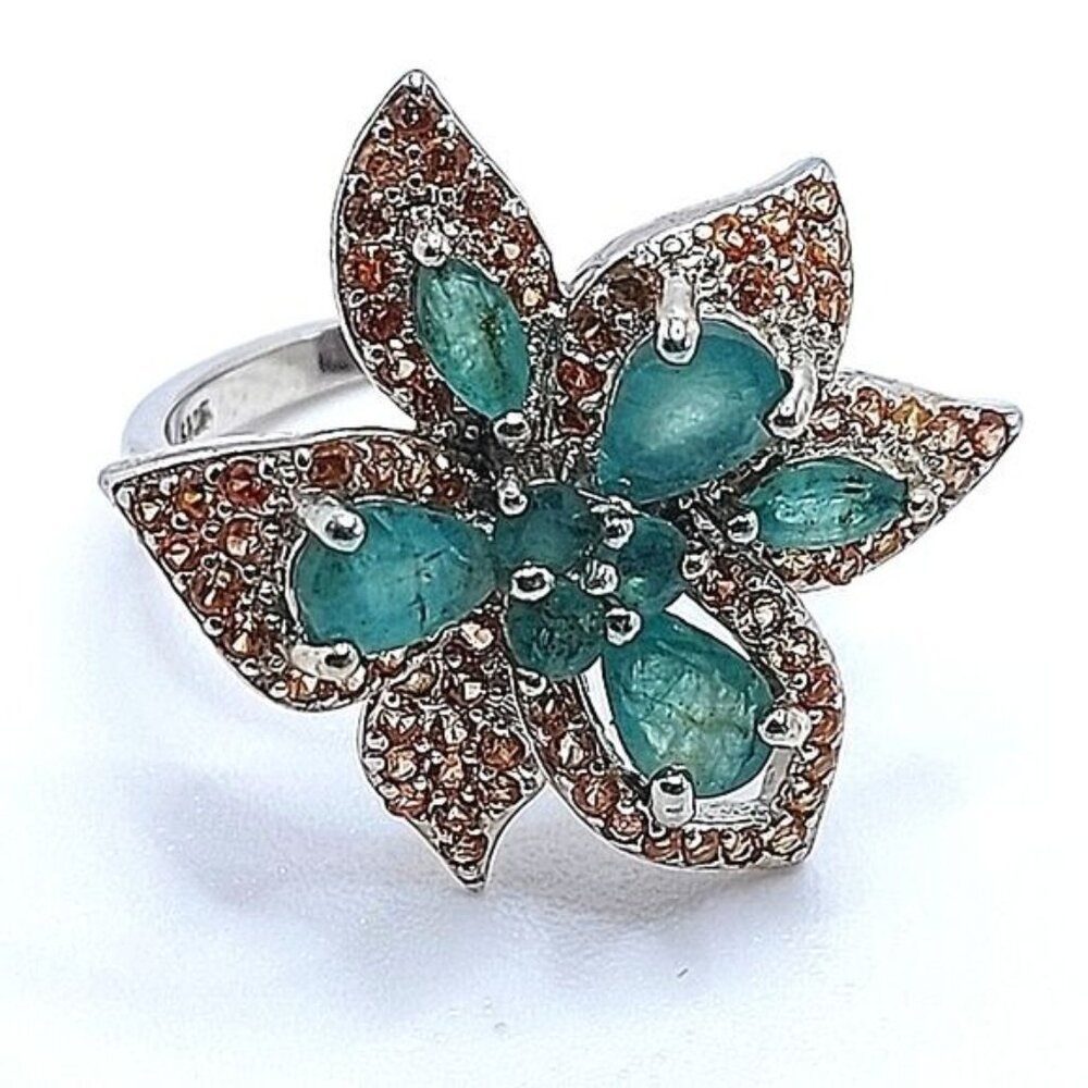 Natural Emerald 6x4mm & Sapphire  925 Sterling Silver Ring Sz 6.